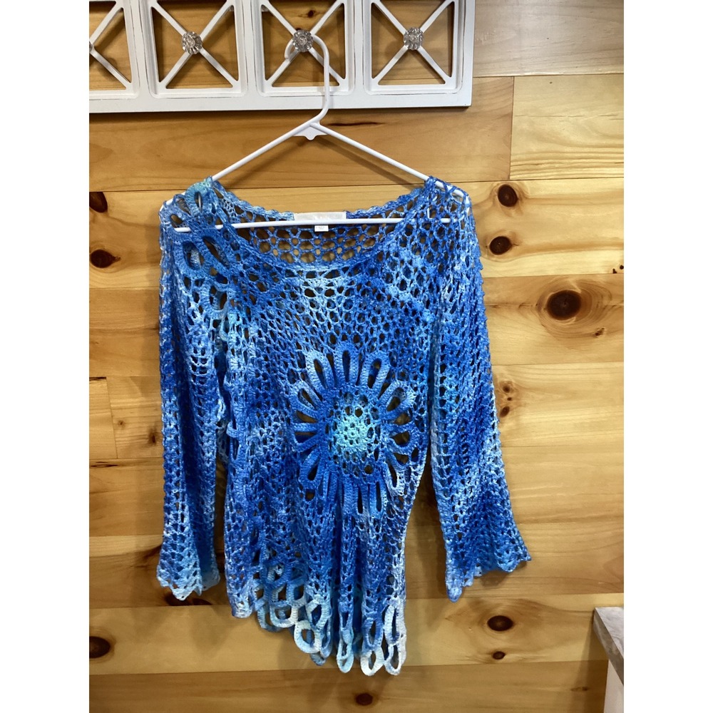Boston Proper Blue Crochet Sweater Ombre Boho Coastal Long Sleeve Large